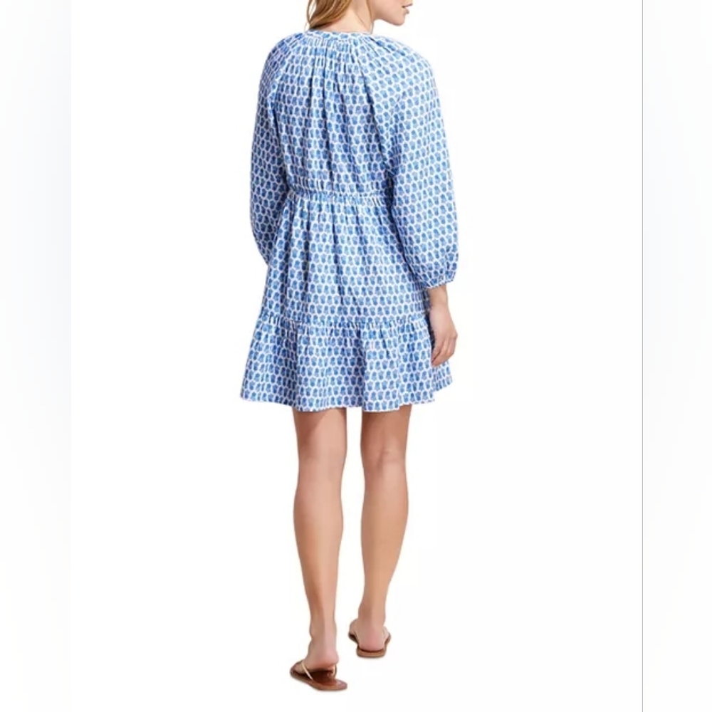 Vineyard Vines Seastitch Block Print Tiered Cotton Mini Dress Blue Coastal XS - Picture 3 of 14